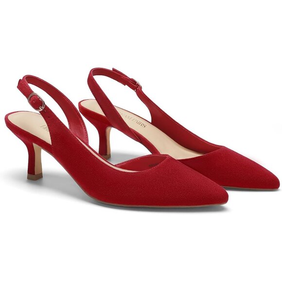 Women's Red-Suede Slingback Pointed Toe Low Pumps Casual Stylish Kitten Heel - Picture 5 of 6